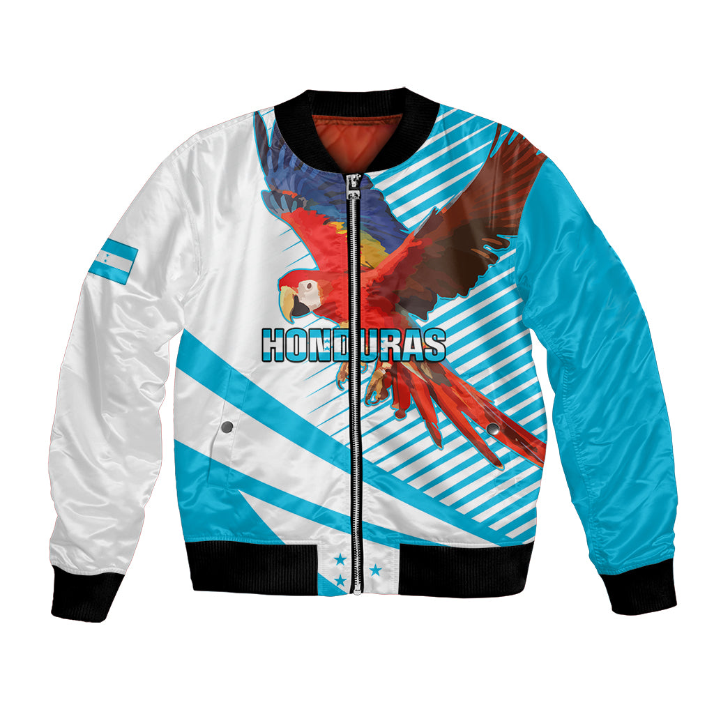Personalised Honduras bomber jacket, zip front, blue-and-white stripes with macaw graphic