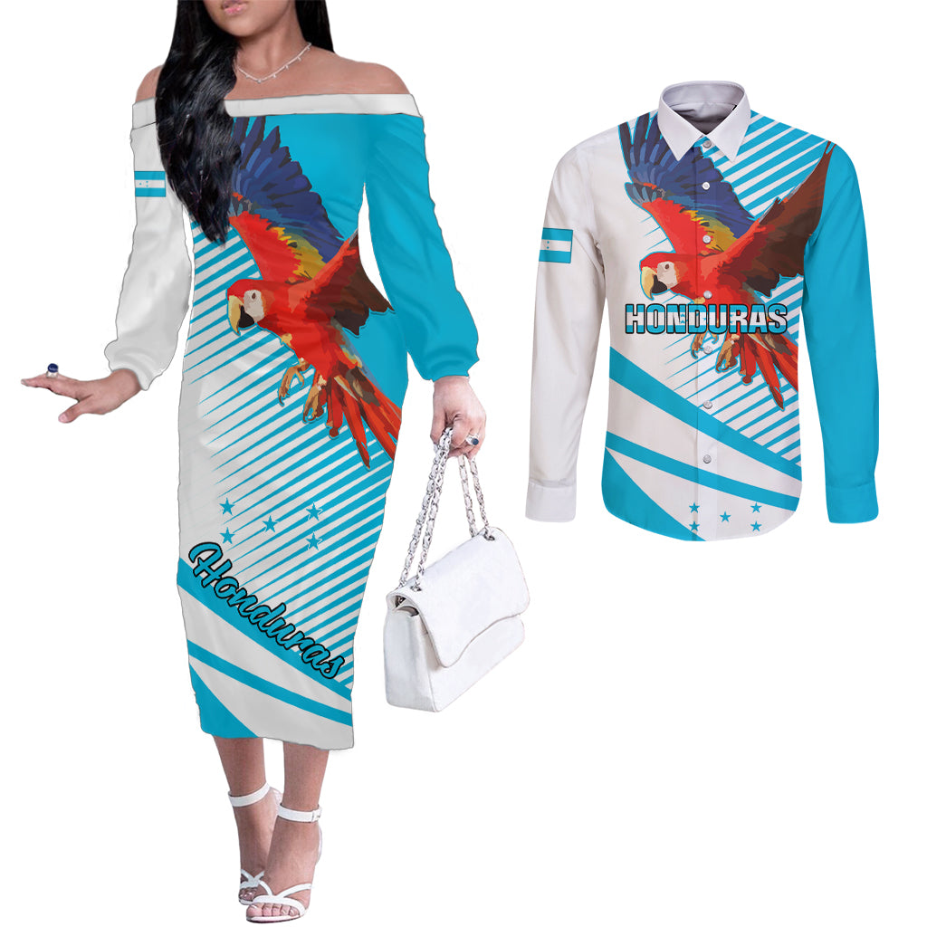 personalised-honduras-couples-matching-off-the-shoulder-long-sleeve-dress-and-long-sleeve-button-shirts-coat-of-arms-with-scarlet-macaw