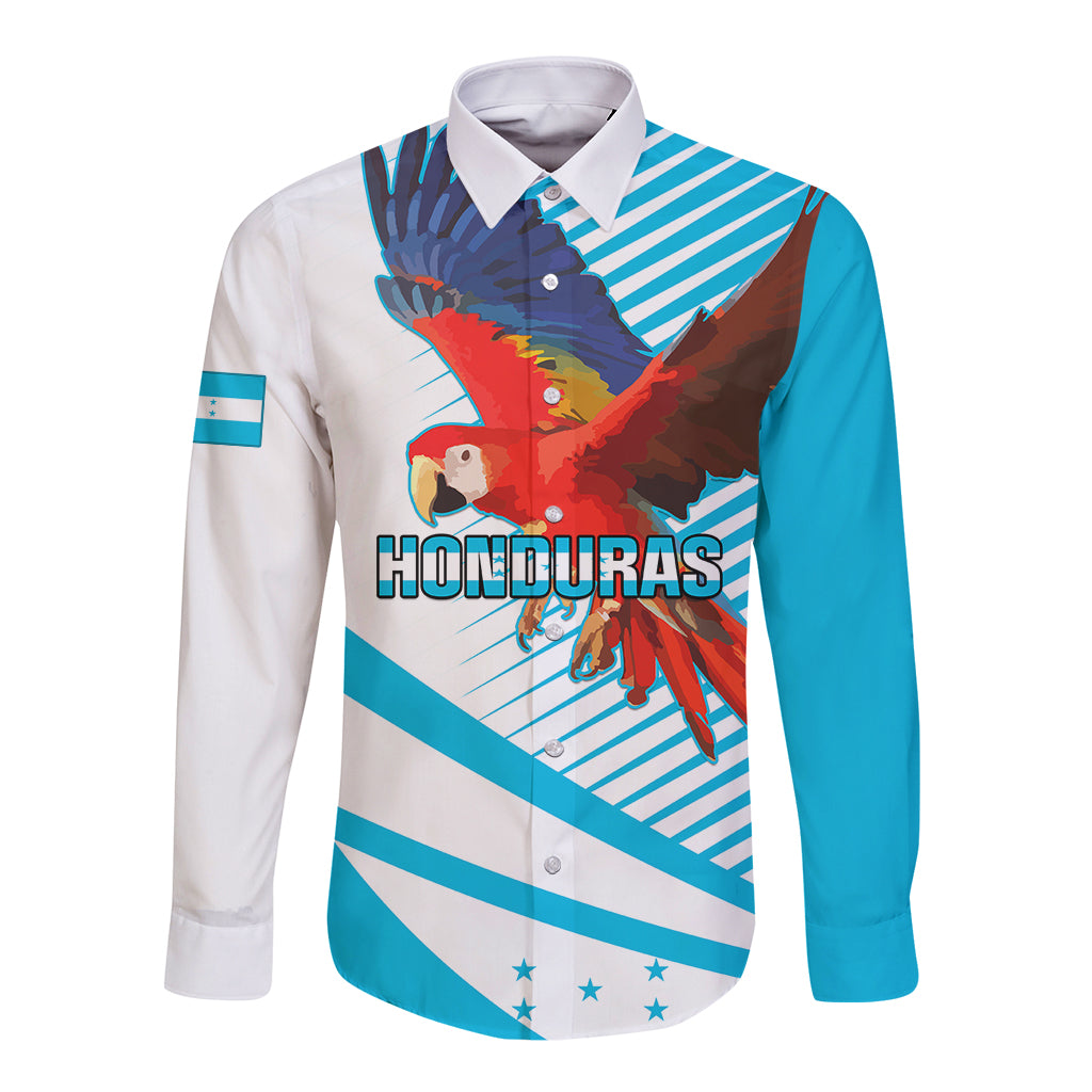 Blue long-sleeve button shirt with Honduras crest and scarlet macaw graphic