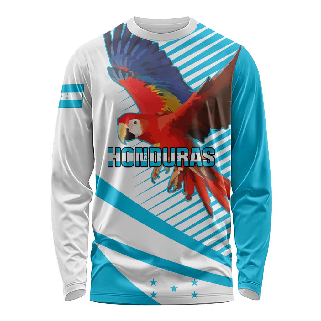 Long-sleeve shirt with Honduras flag stripes, scarlet macaw and crest graphic