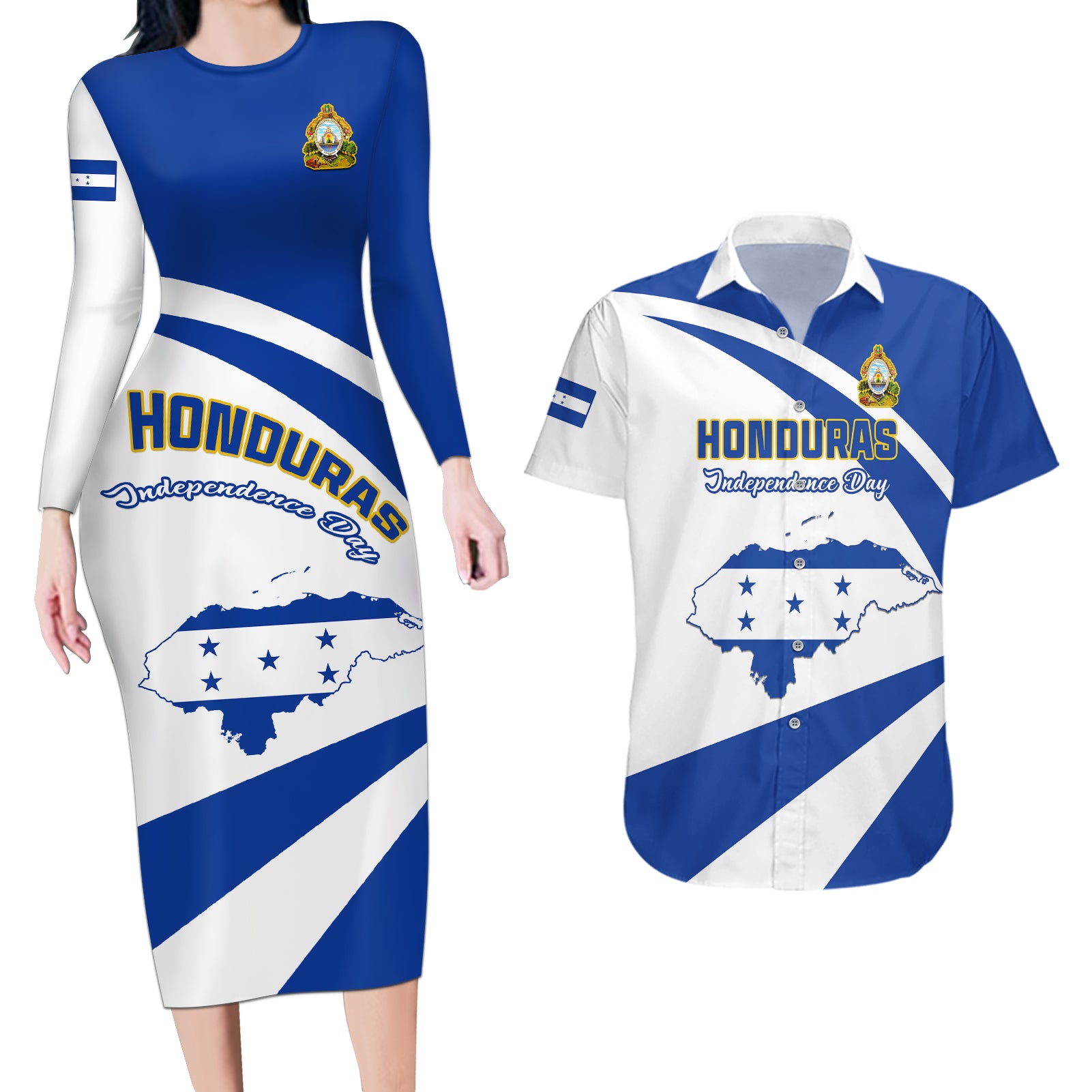 Honduras Independence Day Couples Matching Long Sleeve Bodycon Dress and Hawaiian Shirt Map With Coat Of Arms - Wonder Print Shop