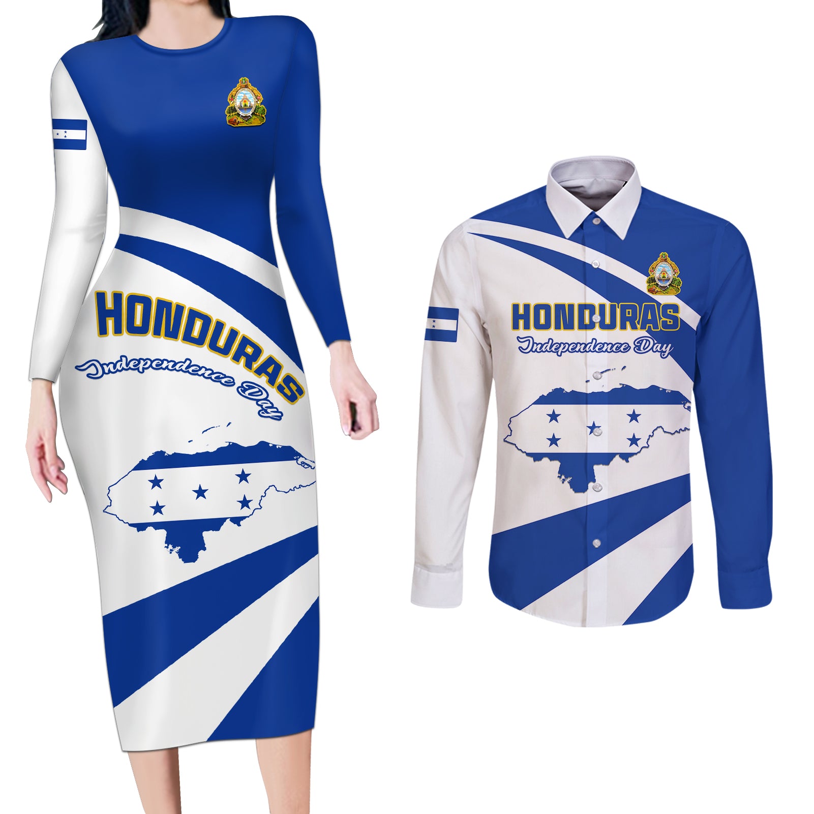 Honduras Independence Day Couples Matching Long Sleeve Bodycon Dress and Long Sleeve Button Shirts Map With Coat Of Arms - Wonder Print Shop