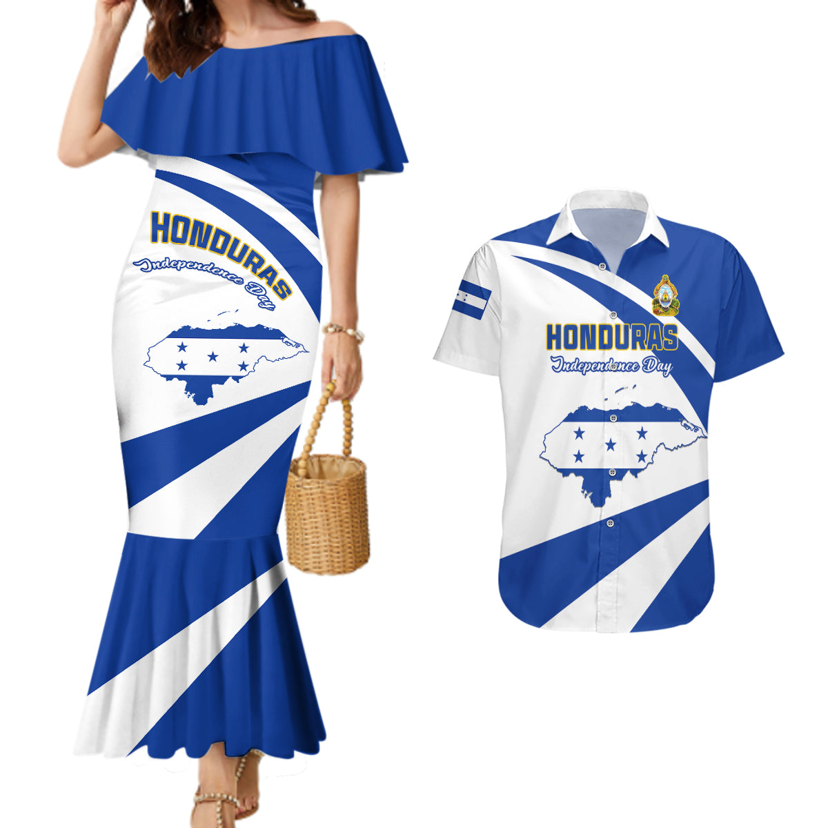 Honduras Independence Day Couples Matching Mermaid Dress and Hawaiian Shirt Map With Coat Of Arms - Wonder Print Shop