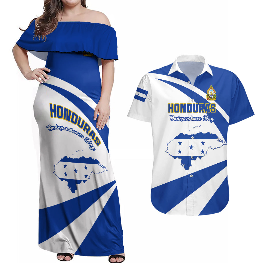 Honduras Independence Day Couples Matching Off Shoulder Maxi Dress and Hawaiian Shirt Map With Coat Of Arms - Wonder Print Shop