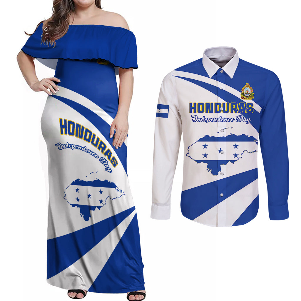 Honduras Independence Day Couples Matching Off Shoulder Maxi Dress and Long Sleeve Button Shirts Map With Coat Of Arms - Wonder Print Shop