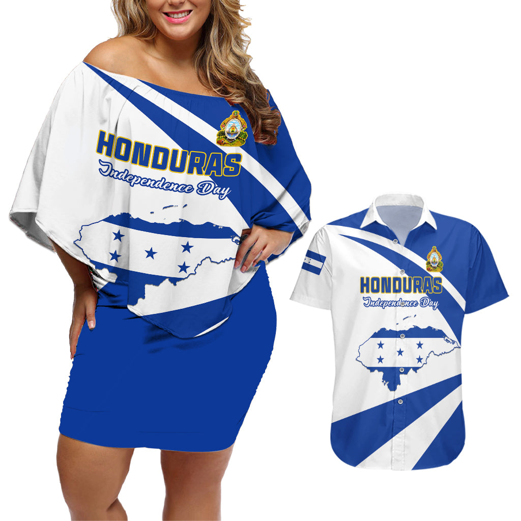 Honduras Independence Day Couples Matching Off Shoulder Short Dress and Hawaiian Shirt Map With Coat Of Arms - Wonder Print Shop