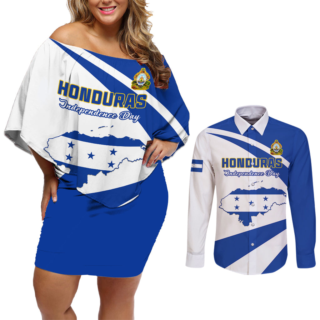 Honduras Independence Day Couples Matching Off Shoulder Short Dress and Long Sleeve Button Shirts Map With Coat Of Arms - Wonder Print Shop