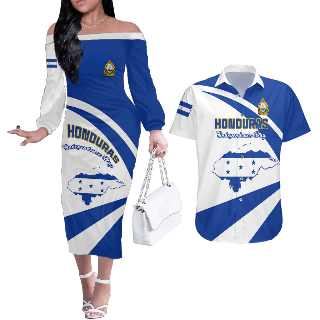 Honduras Independence Day Couples Matching Off The Shoulder Long Sleeve Dress and Hawaiian Shirt Map With Coat Of Arms - Wonder Print Shop