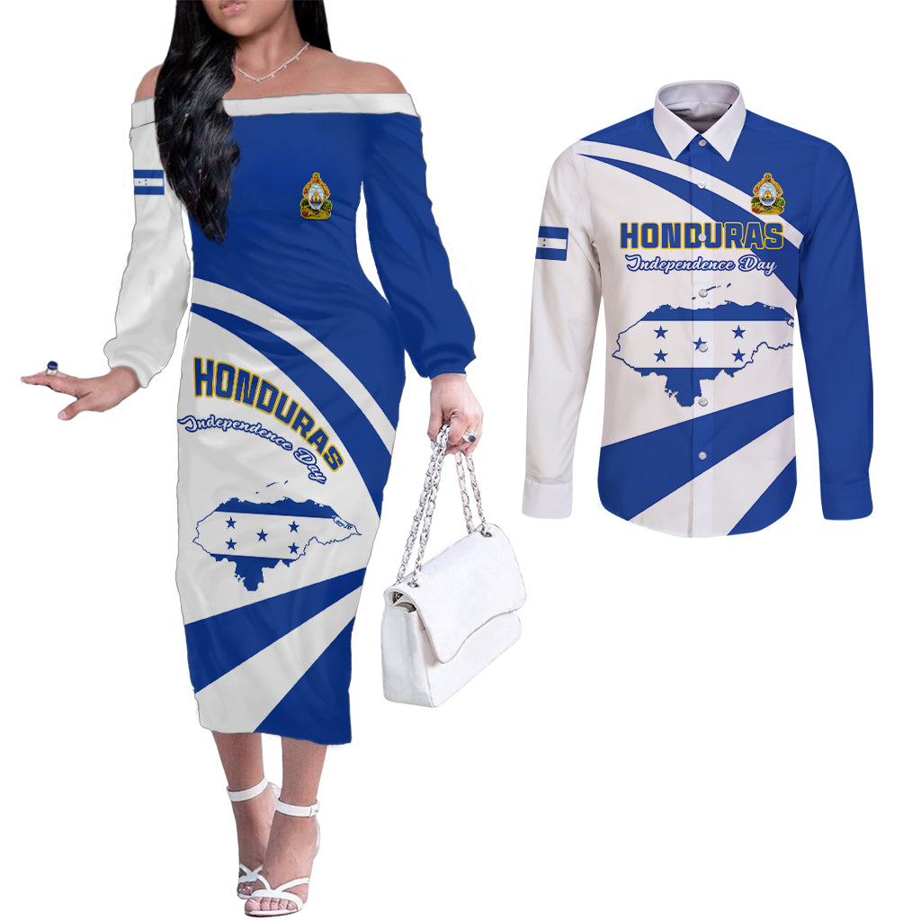 honduras-independence-day-couples-matching-off-the-shoulder-long-sleeve-dress-and-long-sleeve-button-shirts-map-with-coat-of-arms