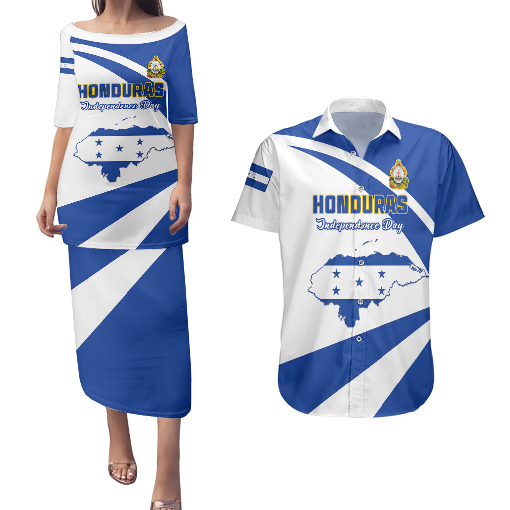 Honduras Independence Day Couples Matching Puletasi Dress and Hawaiian Shirt Map With Coat Of Arms - Wonder Print Shop