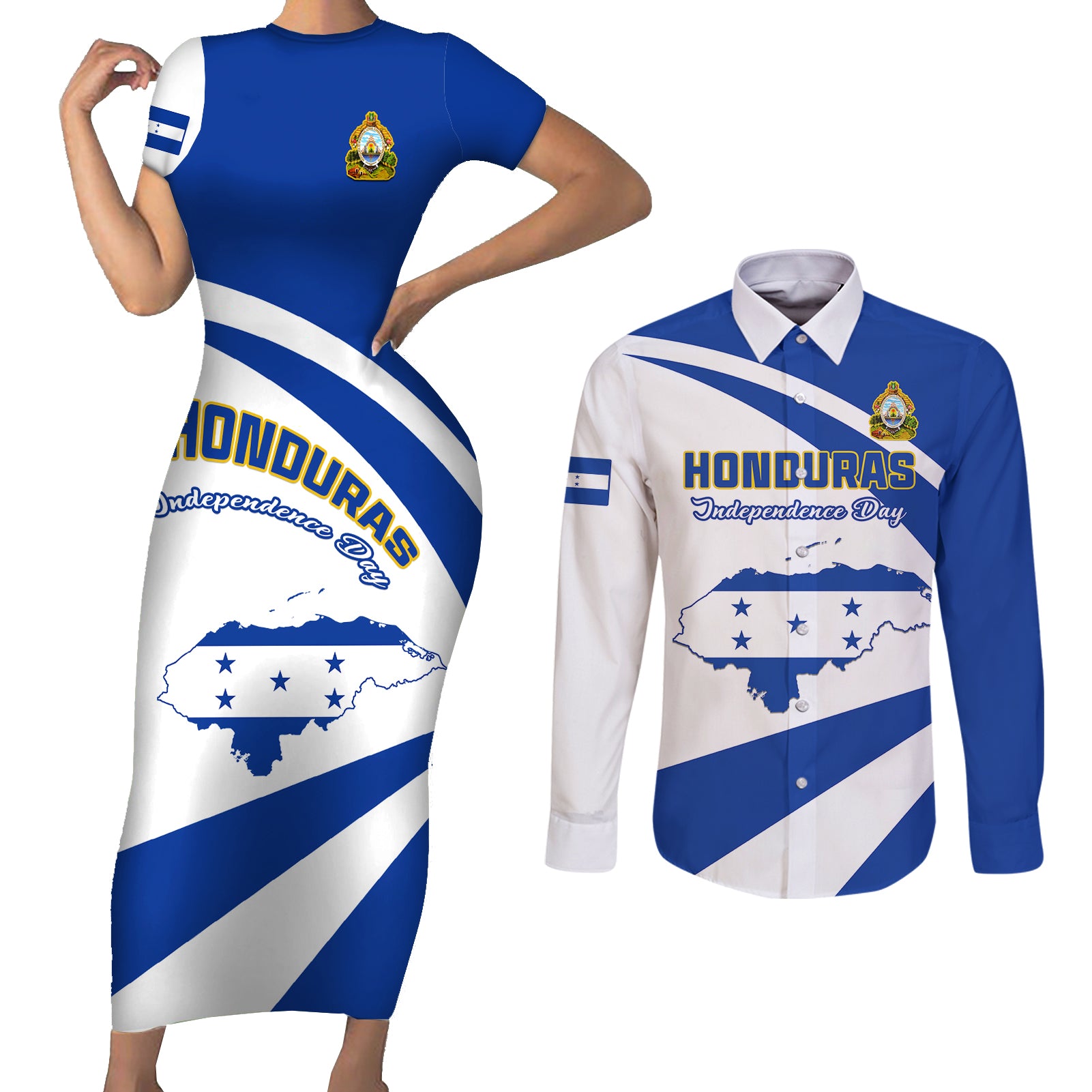 Honduras Independence Day Couples Matching Short Sleeve Bodycon Dress and Long Sleeve Button Shirts Map With Coat Of Arms - Wonder Print Shop