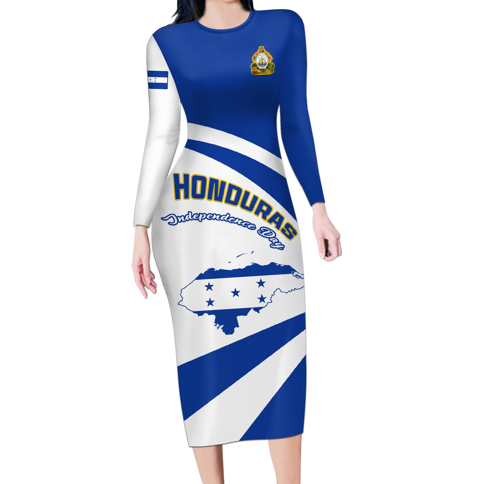 Honduras Independence Day Long Sleeve Bodycon Dress Map With Coat Of Arms - Wonder Print Shop