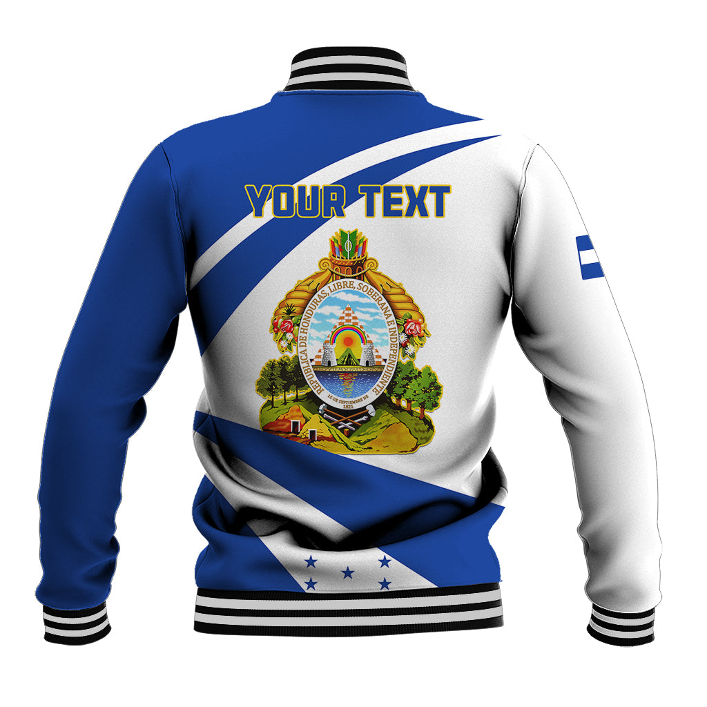 Unisex blue-and-white baseball jacket with coat of arms graphic on back and ribbed trim
