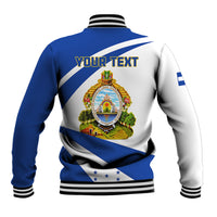 Unisex blue-and-white baseball jacket with coat of arms graphic on back and ribbed trim