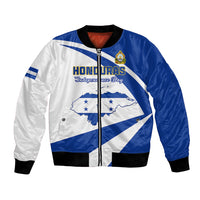 Blue and white satin bomber jacket, full zip, ribbed cuffs, Honduras map graphic