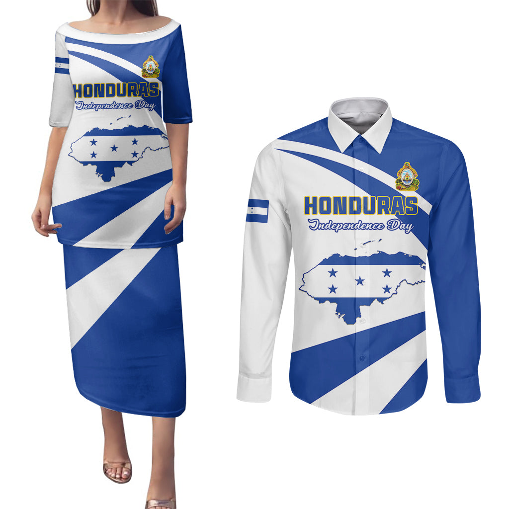 Personalised Honduras Independence Day Couples Matching Puletasi Dress and Long Sleeve Button Shirts Map With Coat Of Arms - Wonder Print Shop