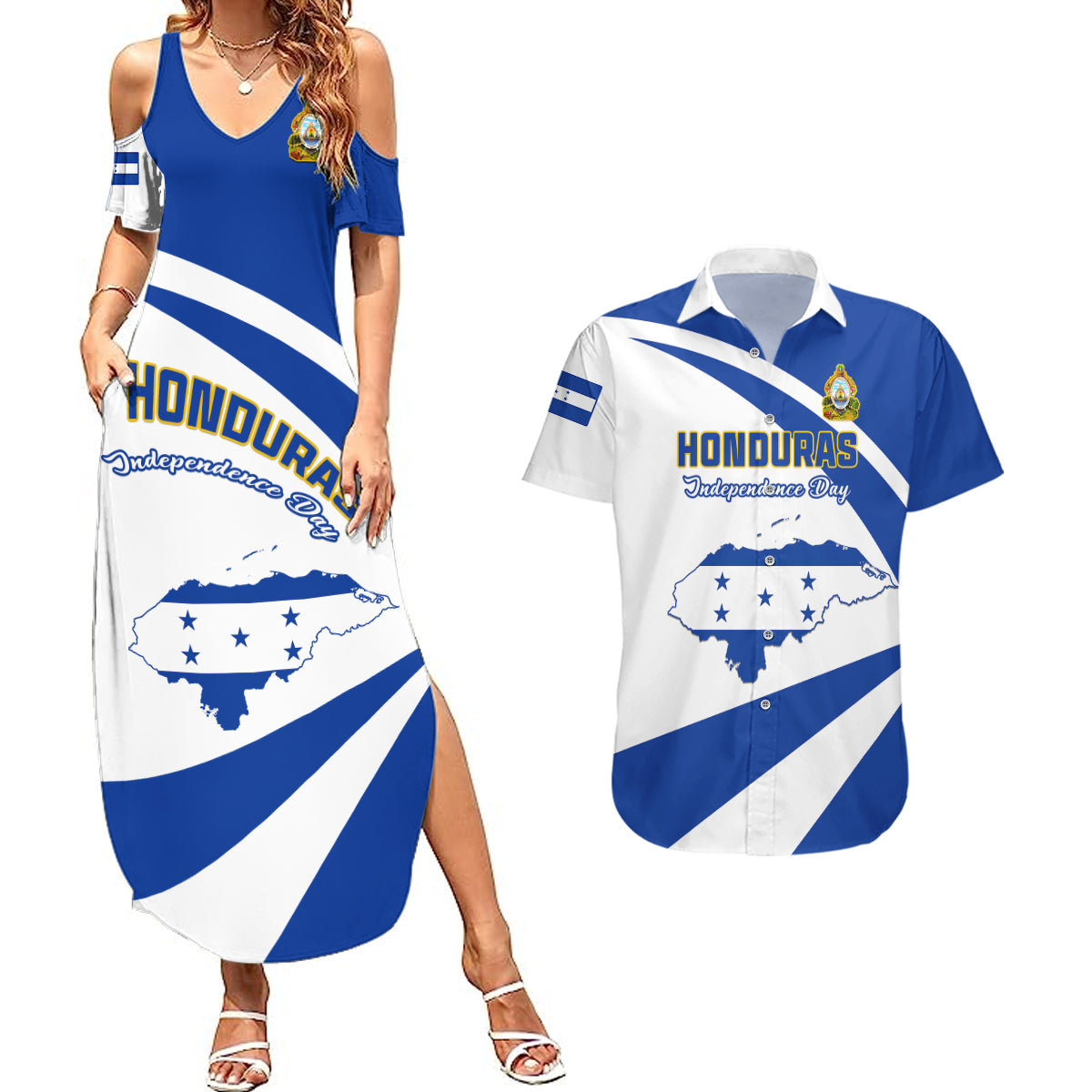 Personalised Honduras Independence Day Couples Matching Summer Maxi Dress and Hawaiian Shirt Map With Coat Of Arms - Wonder Print Shop