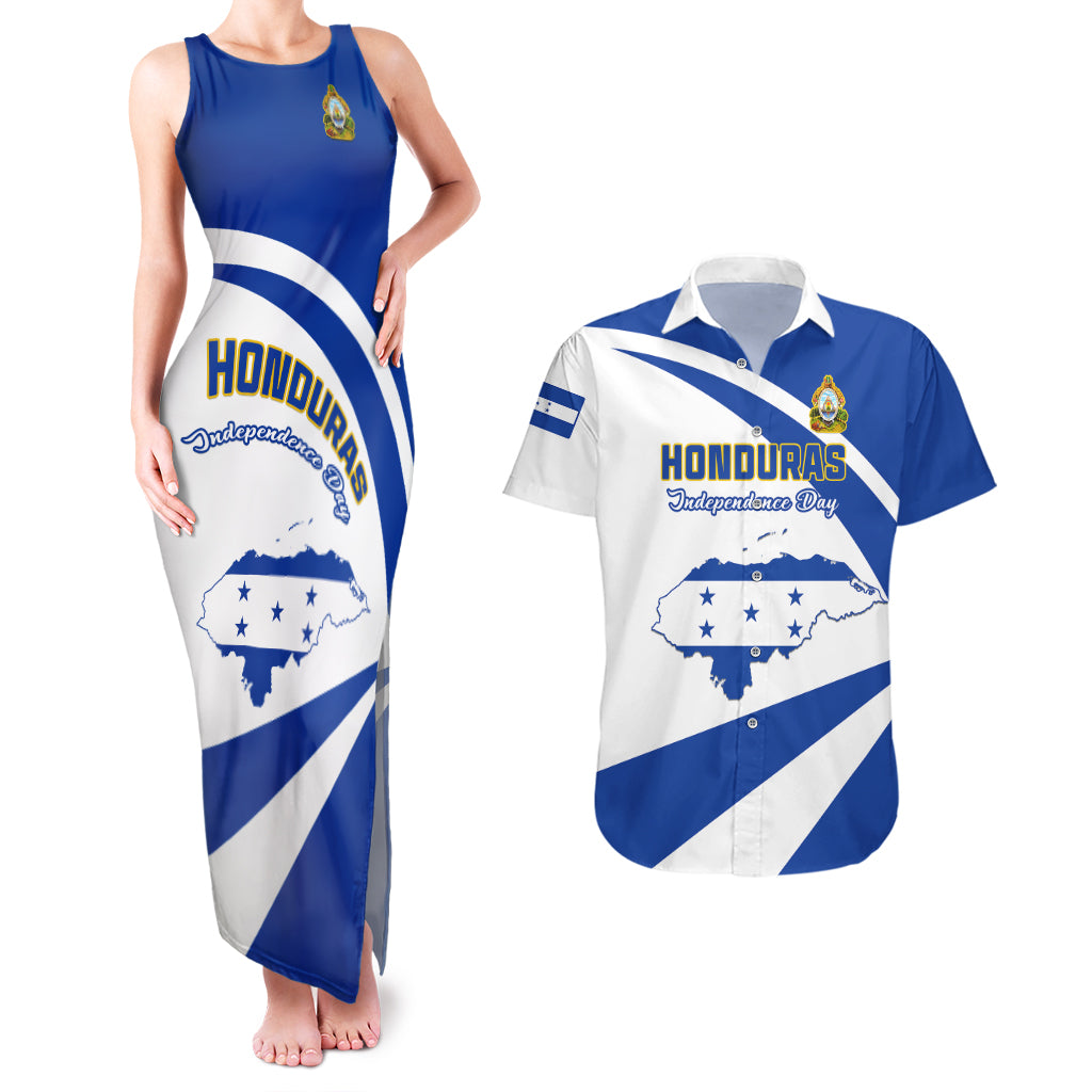 Personalised Honduras Independence Day Couples Matching Tank Maxi Dress and Hawaiian Shirt Map With Coat Of Arms - Wonder Print Shop