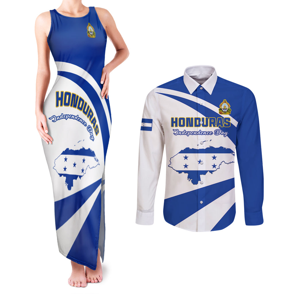 Personalised Honduras Independence Day Couples Matching Tank Maxi Dress and Long Sleeve Button Shirts Map With Coat Of Arms - Wonder Print Shop