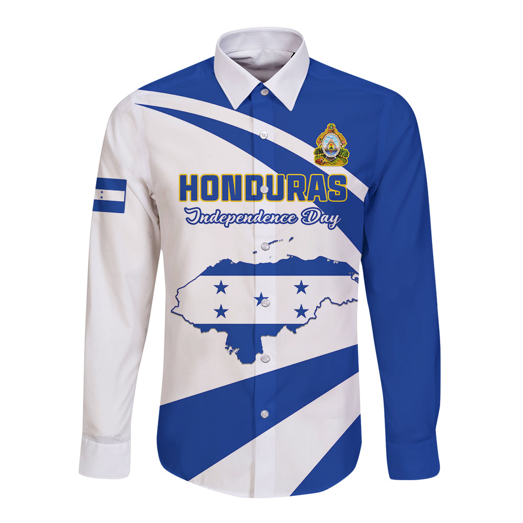 Unisex blue long-sleeve button shirt, front Honduras map and crest