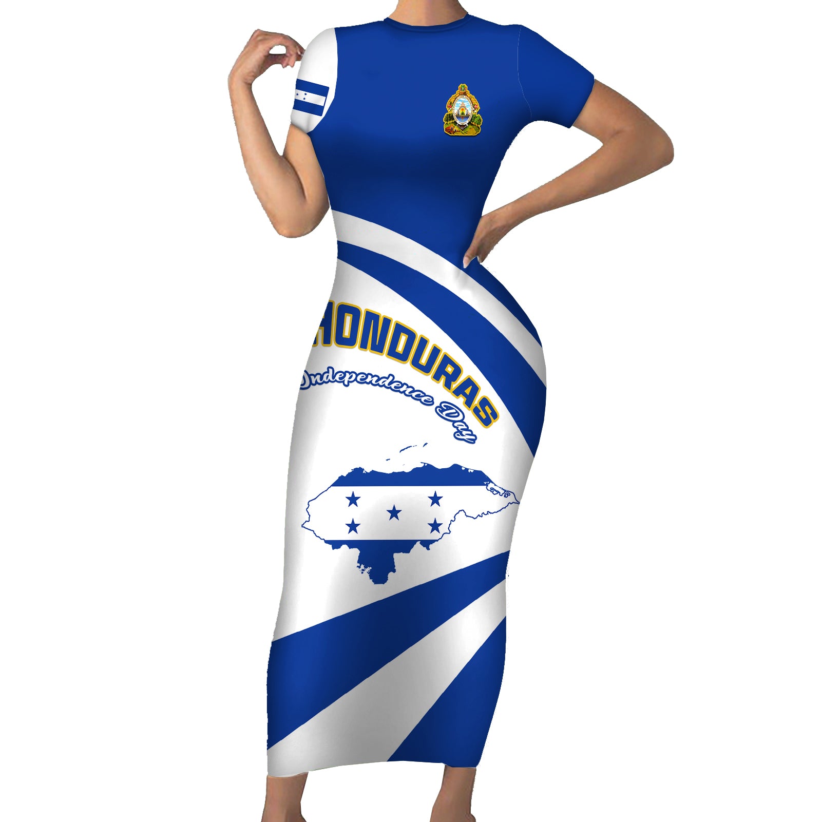 Personalised Honduras Independence Day Short Sleeve Bodycon Dress Map With Coat Of Arms - Wonder Print Shop