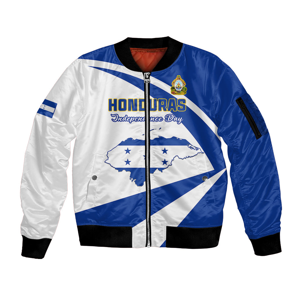 Personalised Honduras Independence Day Sleeve Zip Bomber Jacket Map With Coat Of Arms - Wonder Print Shop