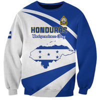 Personalized Honduras Independence Day sweatshirt in blue with map flag graphic and crest