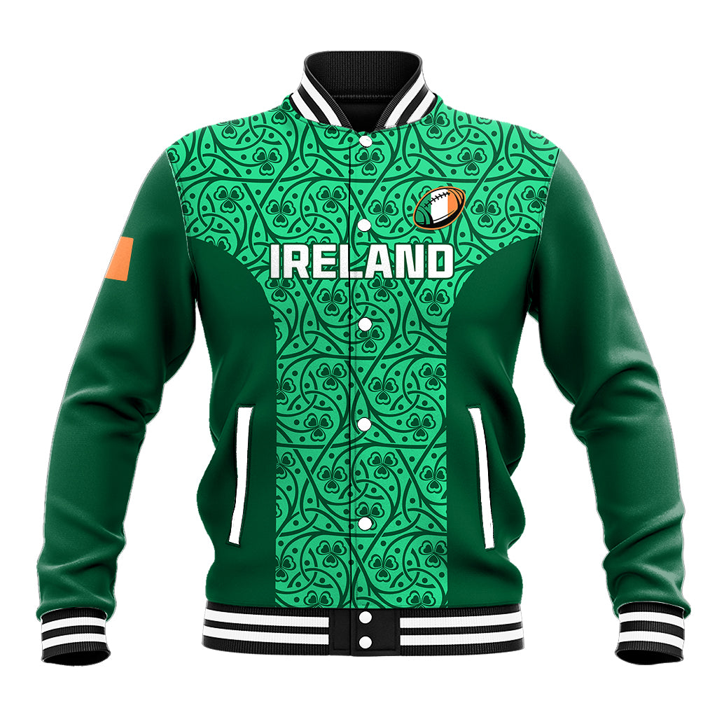 Ireland Rugby Baseball Jacket Irish Celtic Cross Mix Shamrock Pattern - Wonder Print Shop