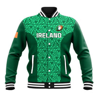 Green varsity baseball jacket with patterned front and Ireland graphic, striped rib collar