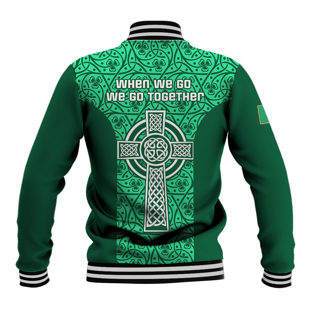 Green varsity baseball jacket with large Celtic cross back print and ribbed striped cuffs