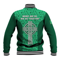 Green varsity baseball jacket with large Celtic cross back print and ribbed striped cuffs