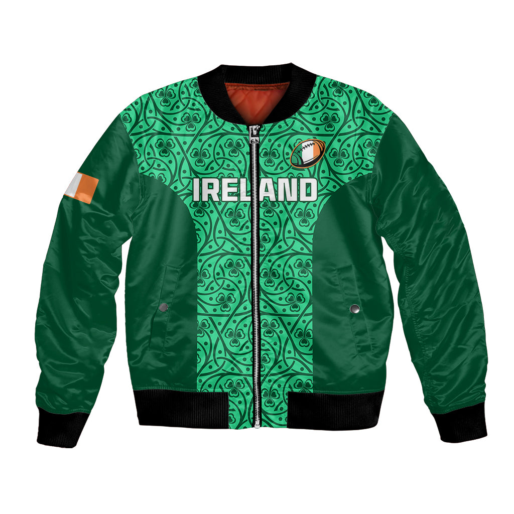 Unisex green bomber jacket with front zipper, black ribbed trim, Ireland crest on chest