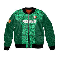 Unisex green bomber jacket with front zipper, black ribbed trim, Ireland crest on chest