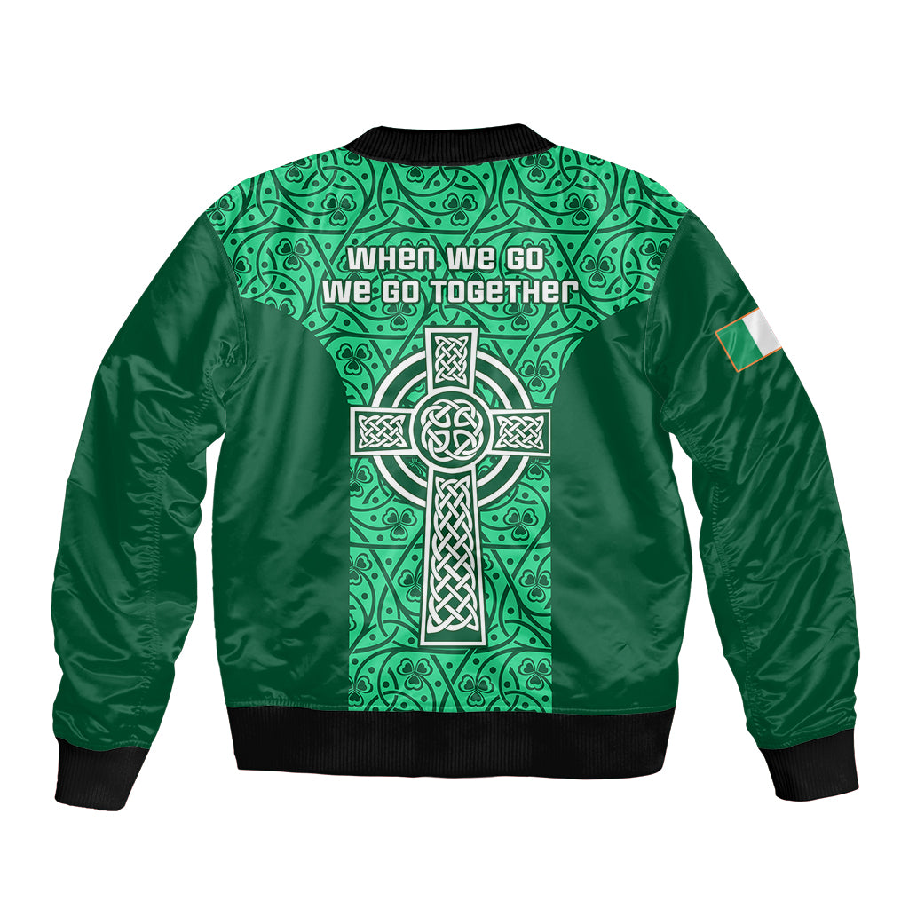 Unisex green bomber jacket with back Celtic cross graphic, black ribbed trim, zip front