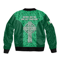 Unisex green bomber jacket with back Celtic cross graphic, black ribbed trim, zip front