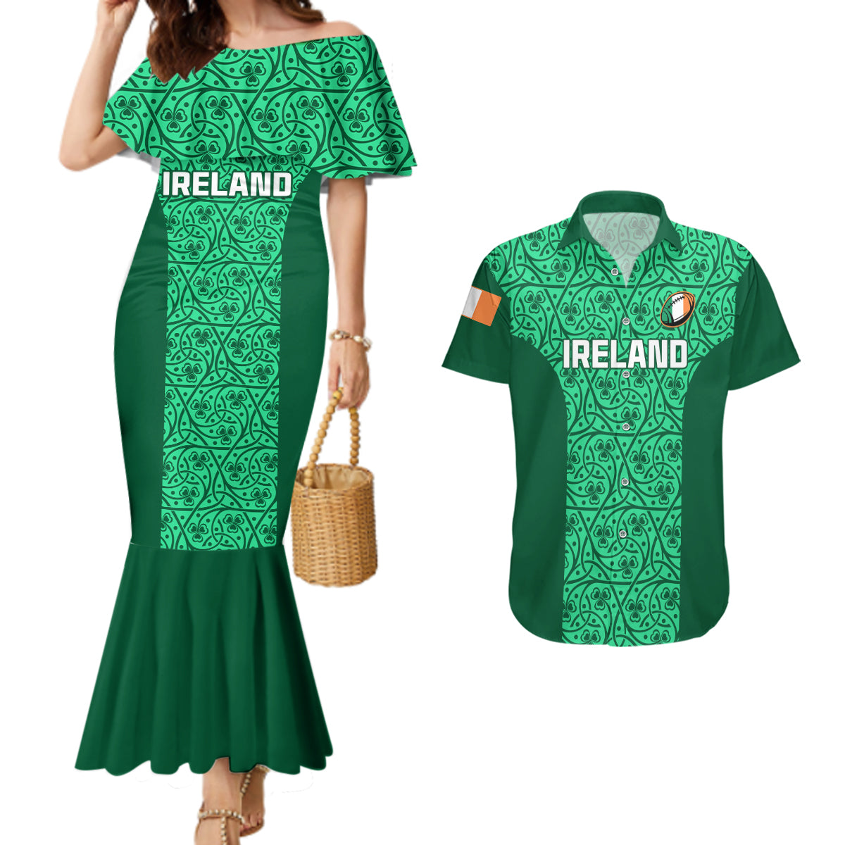 Ireland Rugby Couples Matching Mermaid Dress and Hawaiian Shirt Irish Celtic Cross Mix Shamrock Pattern - Wonder Print Shop