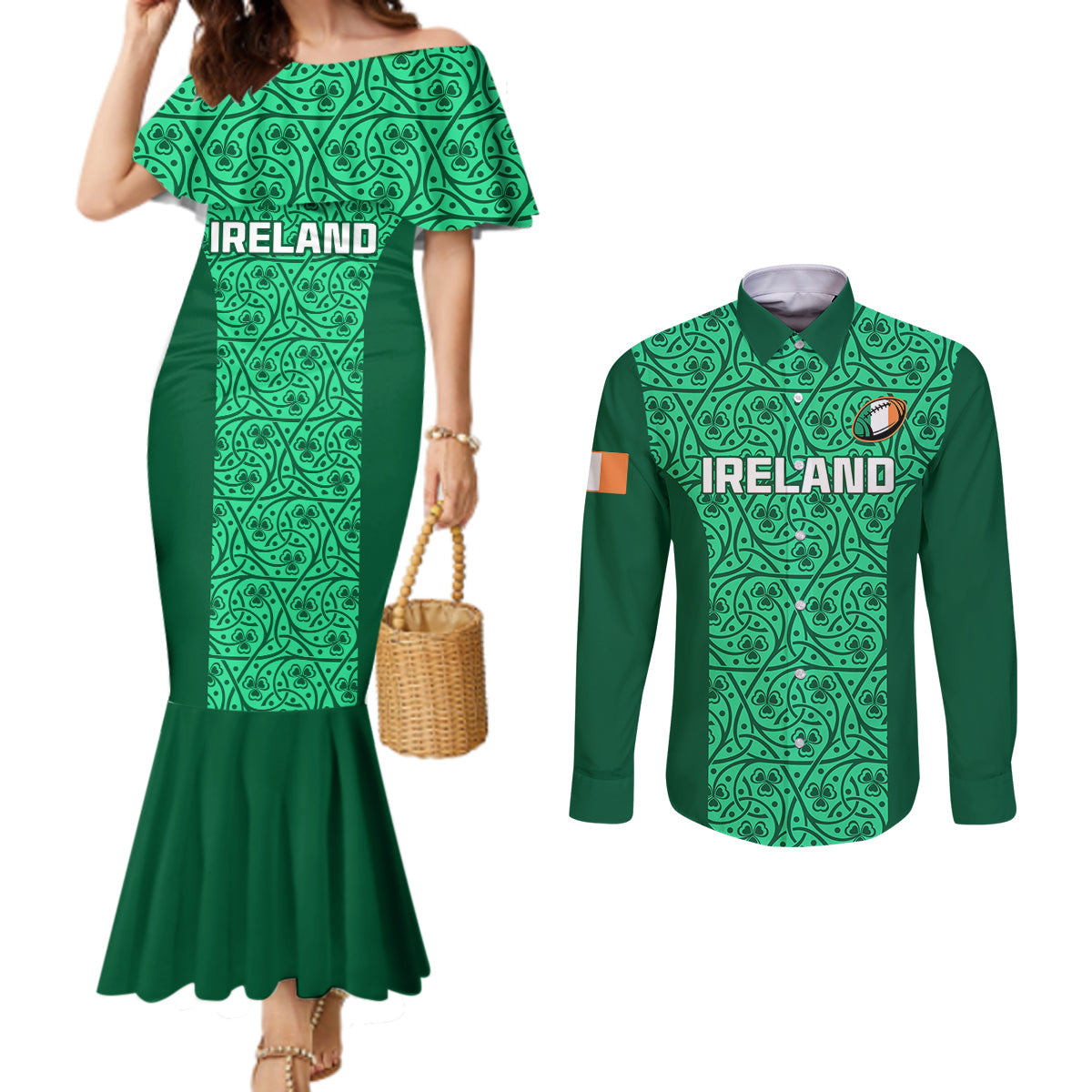 ireland-rugby-couples-matching-mermaid-dress-and-long-sleeve-button-shirts-irish-celtic-cross-mix-shamrock-pattern