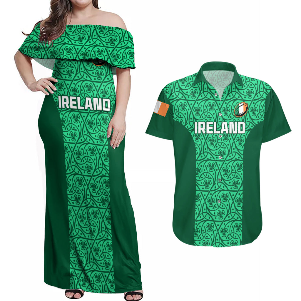 Ireland Rugby Couples Matching Off Shoulder Maxi Dress and Hawaiian Shirt Irish Celtic Cross Mix Shamrock Pattern - Wonder Print Shop