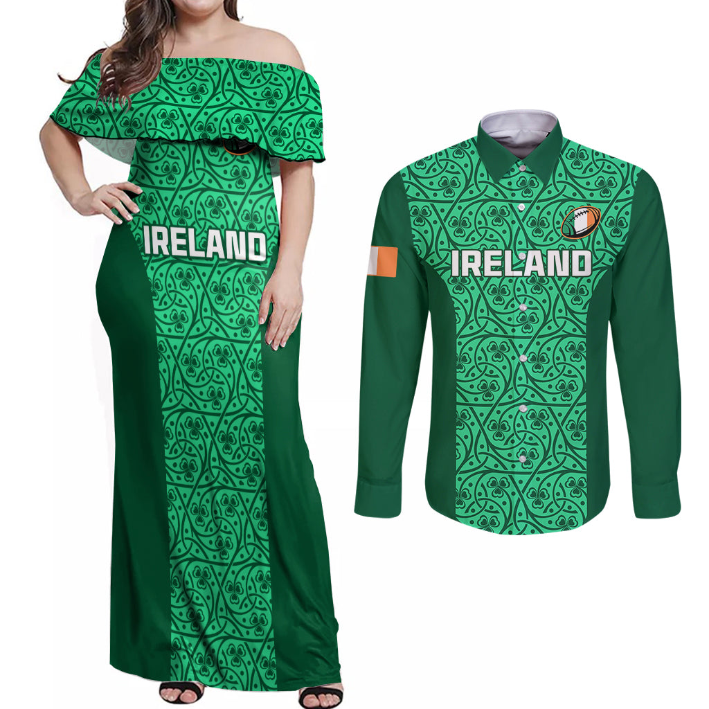 Ireland Rugby Couples Matching Off Shoulder Maxi Dress and Long Sleeve Button Shirts Irish Celtic Cross Mix Shamrock Pattern - Wonder Print Shop