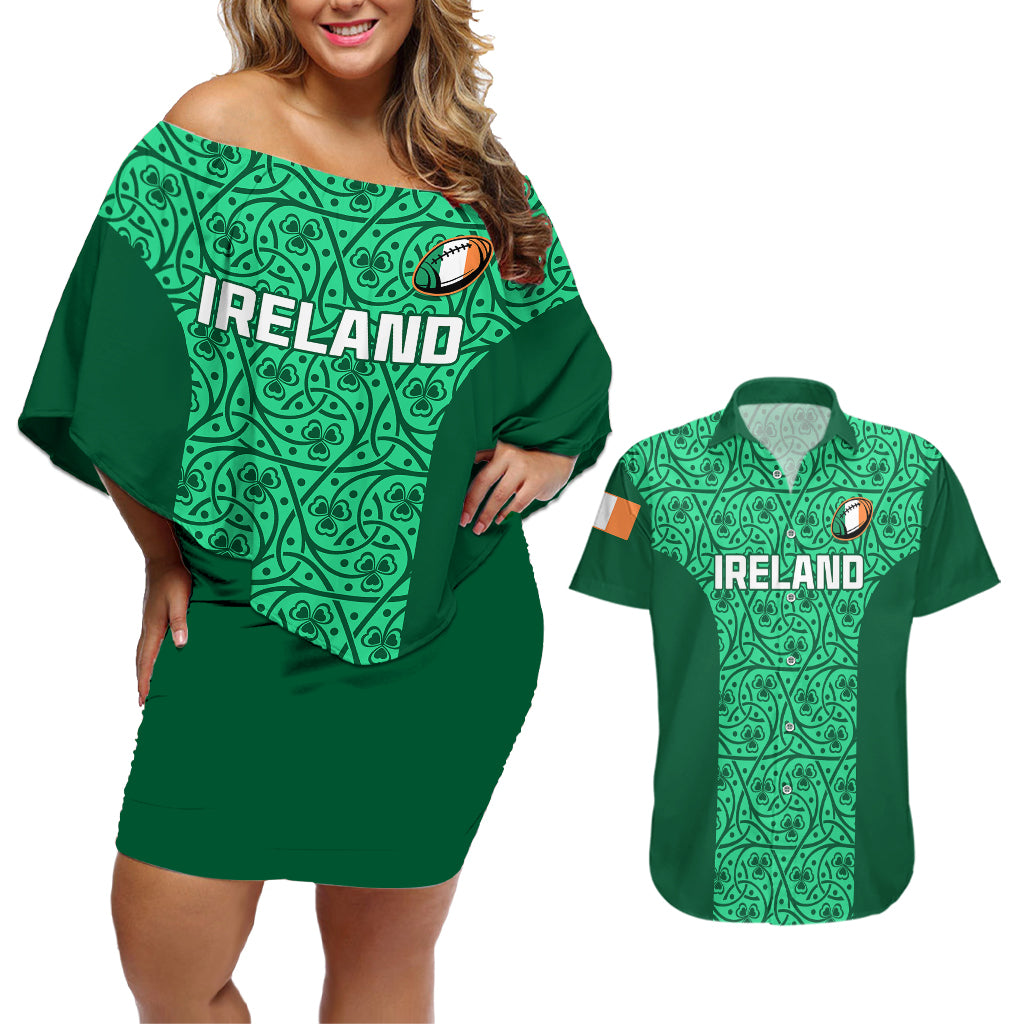 Ireland Rugby Couples Matching Off Shoulder Short Dress and Hawaiian Shirt Irish Celtic Cross Mix Shamrock Pattern - Wonder Print Shop