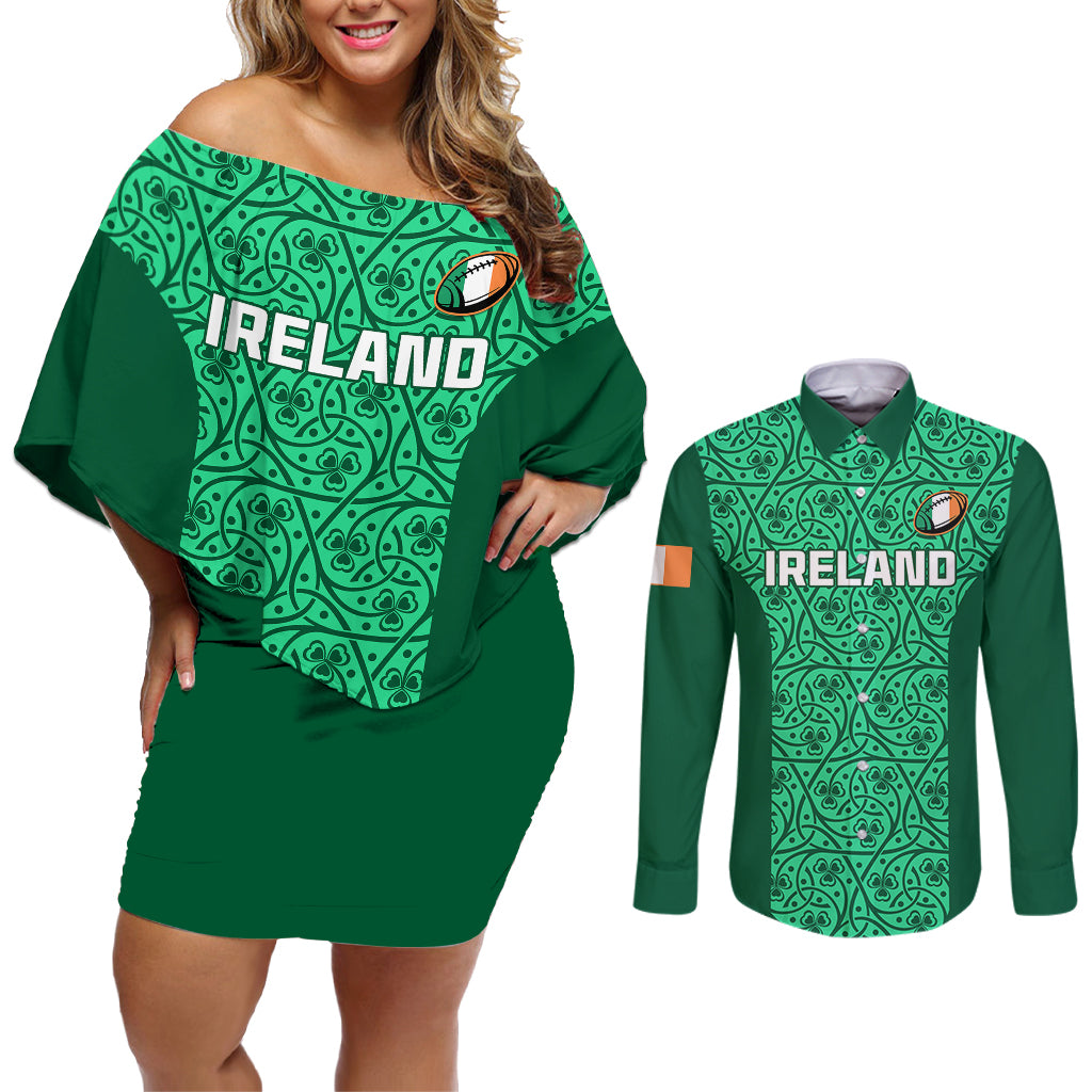 Ireland Rugby Couples Matching Off Shoulder Short Dress and Long Sleeve Button Shirts Irish Celtic Cross Mix Shamrock Pattern - Wonder Print Shop