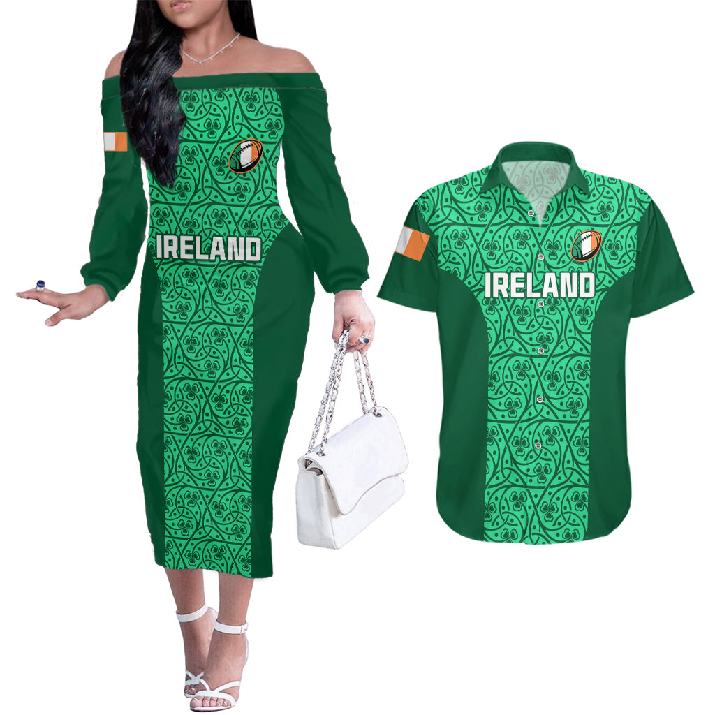 Ireland Rugby Couples Matching Off The Shoulder Long Sleeve Dress and Hawaiian Shirt Irish Celtic Cross Mix Shamrock Pattern - Wonder Print Shop