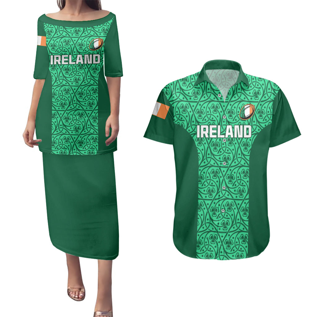 Ireland Rugby Couples Matching Puletasi Dress and Hawaiian Shirt Irish Celtic Cross Mix Shamrock Pattern - Wonder Print Shop