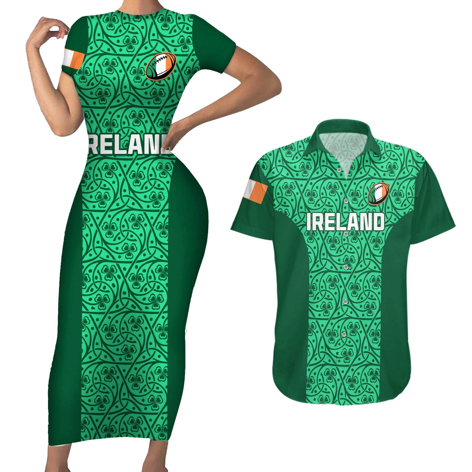 Ireland Rugby Couples Matching Short Sleeve Bodycon Dress and Hawaiian Shirt Irish Celtic Cross Mix Shamrock Pattern - Wonder Print Shop