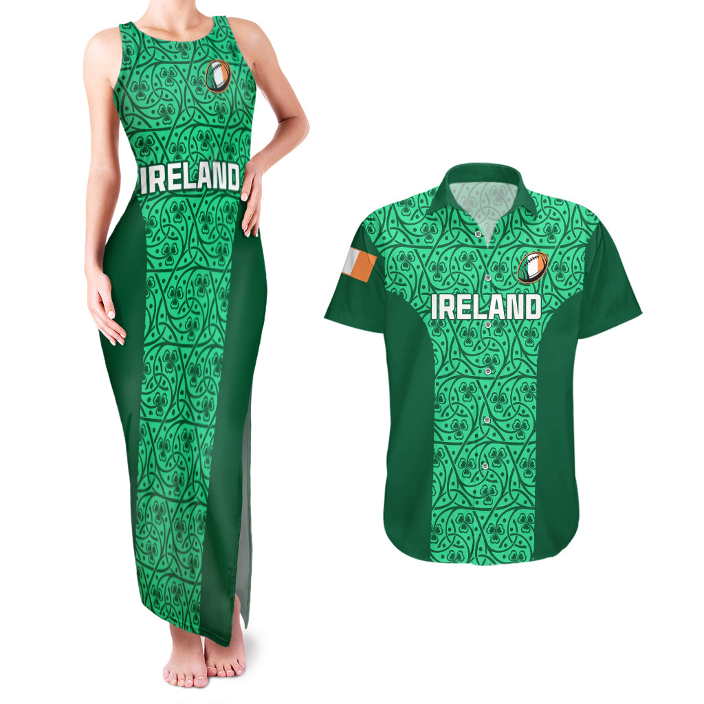 Ireland Rugby Couples Matching Tank Maxi Dress and Hawaiian Shirt Irish Celtic Cross Mix Shamrock Pattern - Wonder Print Shop