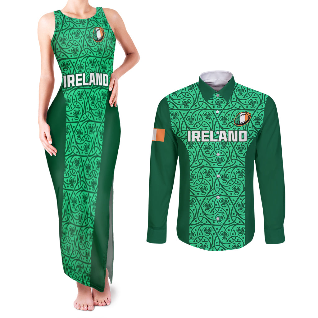 Ireland Rugby Couples Matching Tank Maxi Dress and Long Sleeve Button Shirts Irish Celtic Cross Mix Shamrock Pattern - Wonder Print Shop