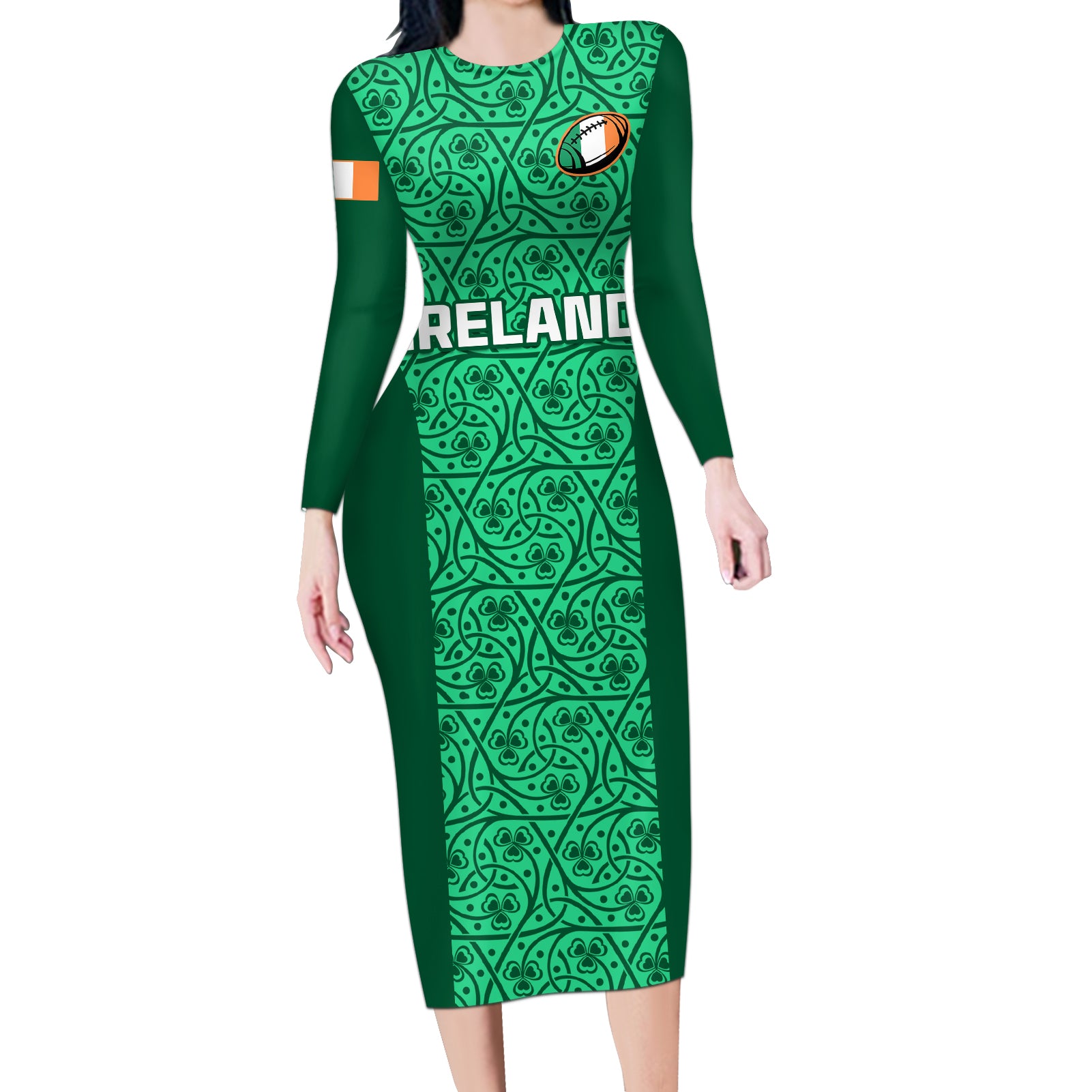 Ireland Rugby Long Sleeve Bodycon Dress Irish Celtic Cross Mix Shamrock Pattern - Wonder Print Shop