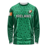 Unisex long-sleeve rugby shirt, green front with Celtic pattern and rugby ball patch.