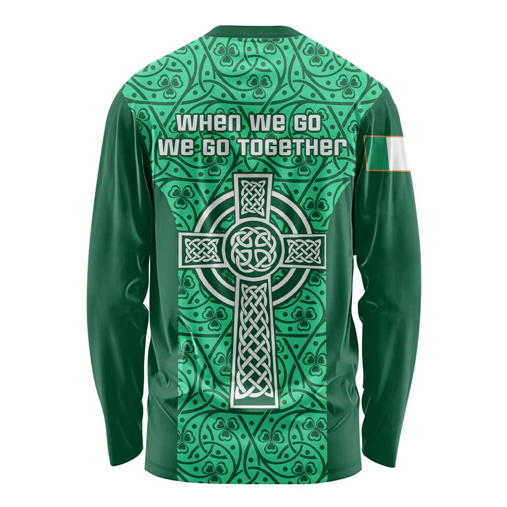 Unisex long-sleeve rugby shirt, green back with Celtic cross and When we go together text.