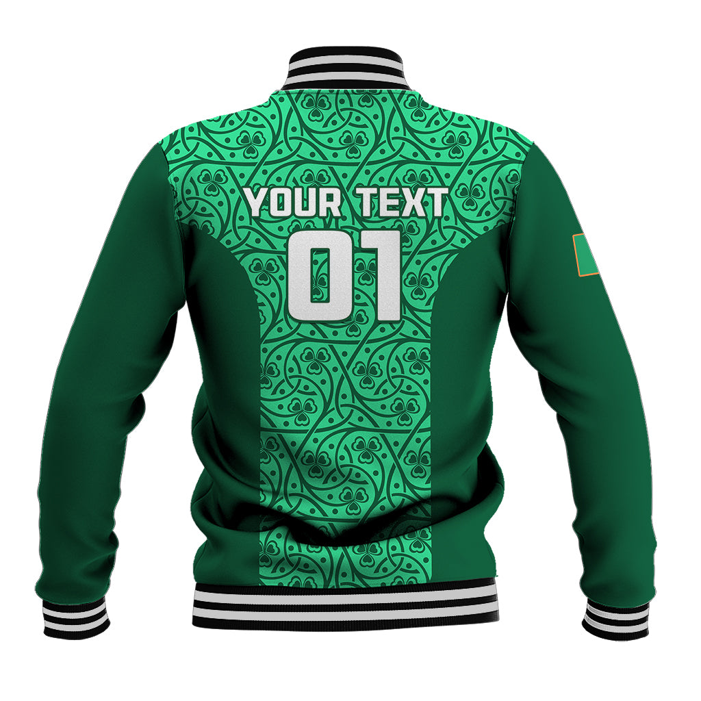 Green rugby jacket back with striped ribbed collar, YOUR TEXT and 01 on celtic shamrock print